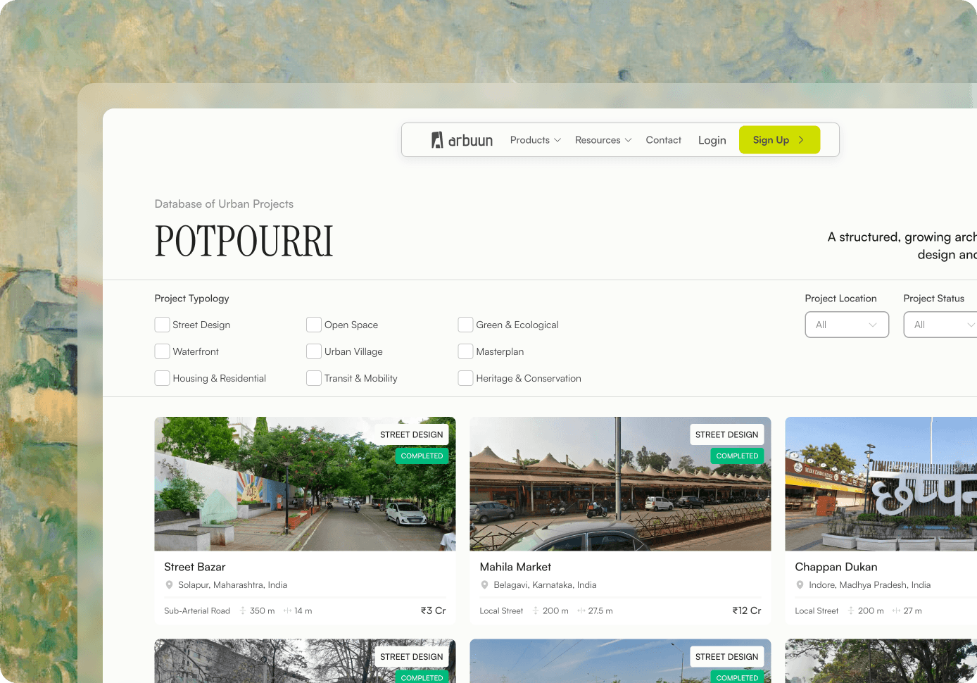 The Potpourri projects database page in Arbuun