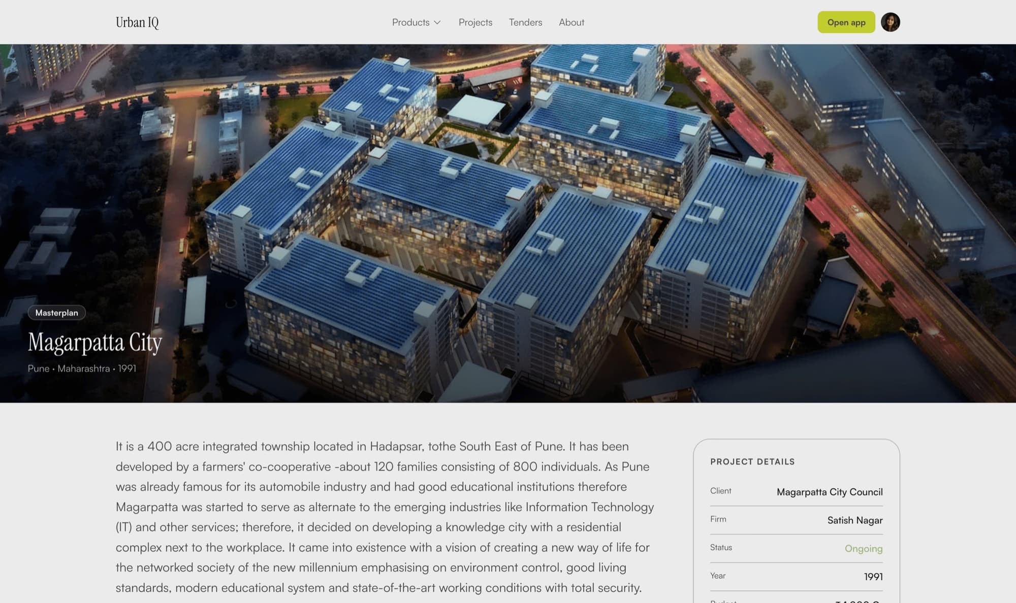 Arbun project page showing the Magarpatta City masterplan
